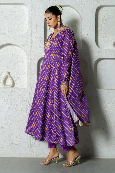 Buy_Yuvraani Jaipur_Purple Kota Doria, Cotton Patti, Diagonal Stripe Pattern Anarkali Pant Set 