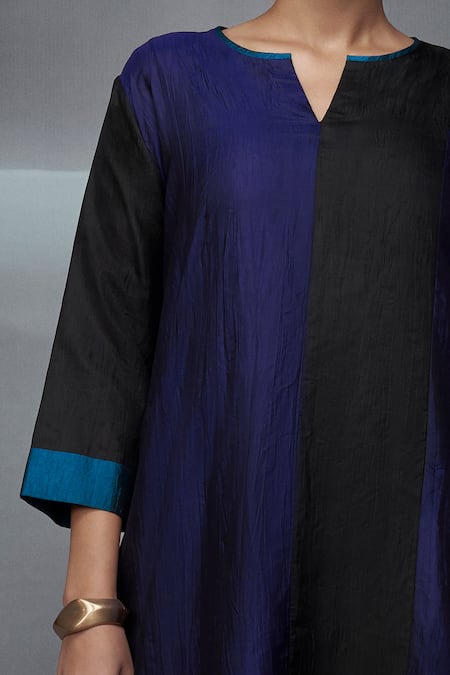 Nachiket Barve_Blue Silk, Tussar Split V-neck Color Blocked Kurta Palazzo Set _Online_at_Aza_Fashions