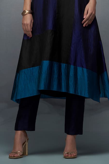 Shop_Nachiket Barve_Blue Silk, Tussar Split V-neck Color Blocked Kurta Palazzo Set _Online_at_Aza_Fashions