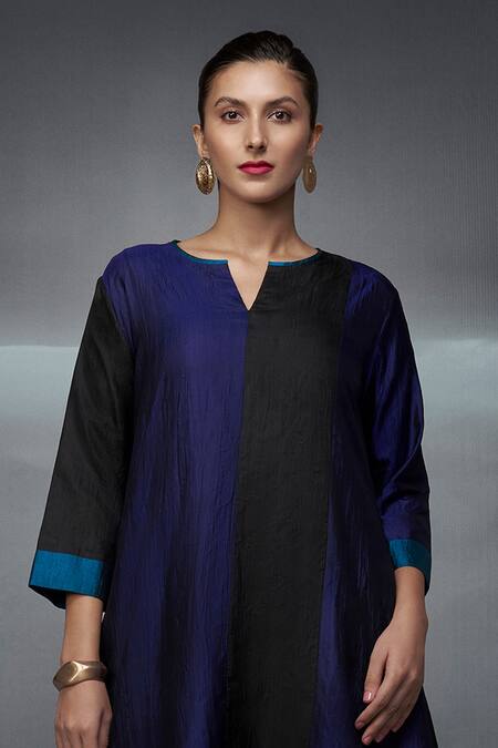 Nachiket Barve_Blue Silk, Tussar Split V-neck Color Blocked Kurta Palazzo Set _at_Aza_Fashions