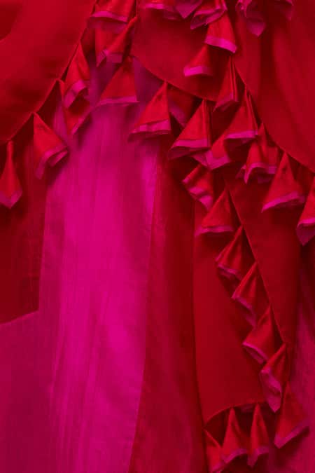 Nachiket Barve_Red Silk, Tussar, Georgette Tassels Color Blocked Straight Kurta Palazzo Set _Online_at_Aza_Fashions