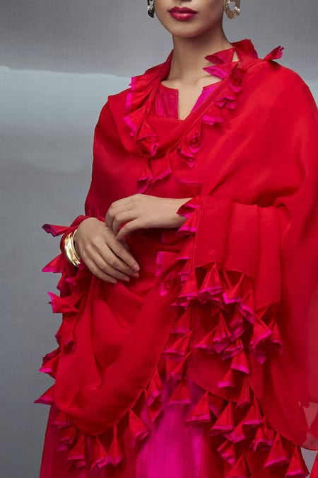 Buy_Nachiket Barve_Red Silk, Tussar, Georgette Tassels Color Blocked Straight Kurta Palazzo Set _Online_at_Aza_Fashions