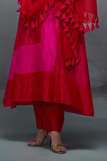 Shop_Nachiket Barve_Red Silk, Tussar, Georgette Tassels Color Blocked Straight Kurta Palazzo Set _Online_at_Aza_Fashions