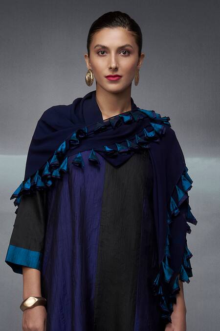 Shop_Nachiket Barve_Black Silk, Tussar, Georgette Tassels Split Color Blocked Kurta Palazzo Set _Online_at_Aza_Fashions