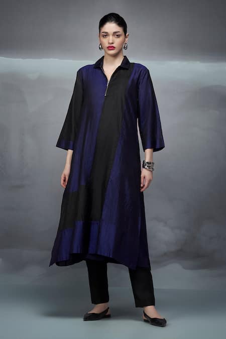 Nachiket Barve Black Kurta Silk Collared Color Block 