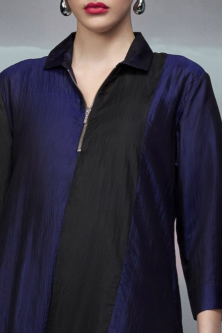 Nachiket Barve_Black Silk Collared Color Block Kurta _Online_at_Aza_Fashions