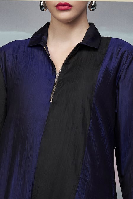 Nachiket Barve_Black Silk, Tussar Collared Color Blocked Kurta Pant Set _Online_at_Aza_Fashions