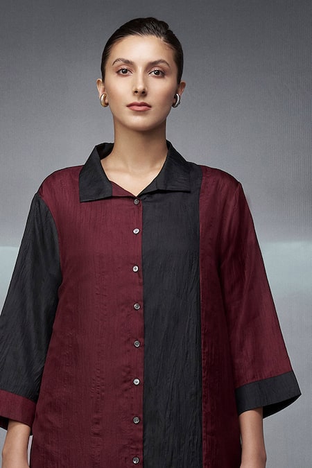 Buy_Nachiket Barve_Black Silk Collared Dual Tone Kurta _Online_at_Aza_Fashions