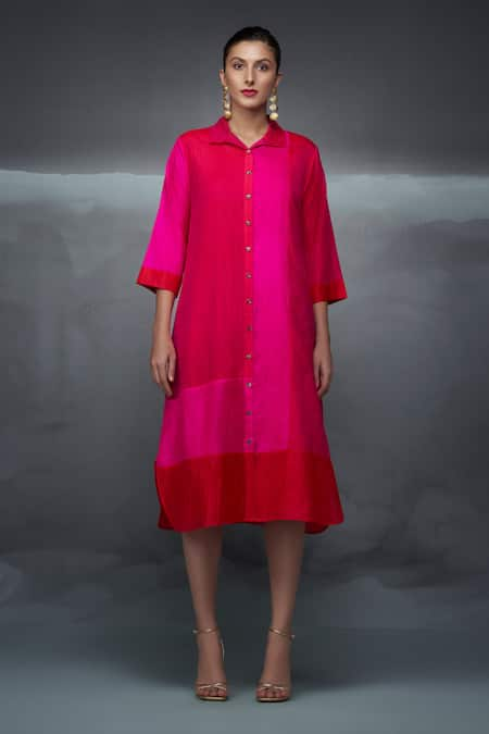 Nachiket Barve Pink Kurta Silk Collared Crushed 