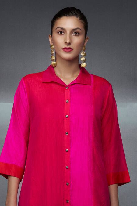 Buy_Nachiket Barve_Pink Silk Collared Crushed Kurta _Online_at_Aza_Fashions