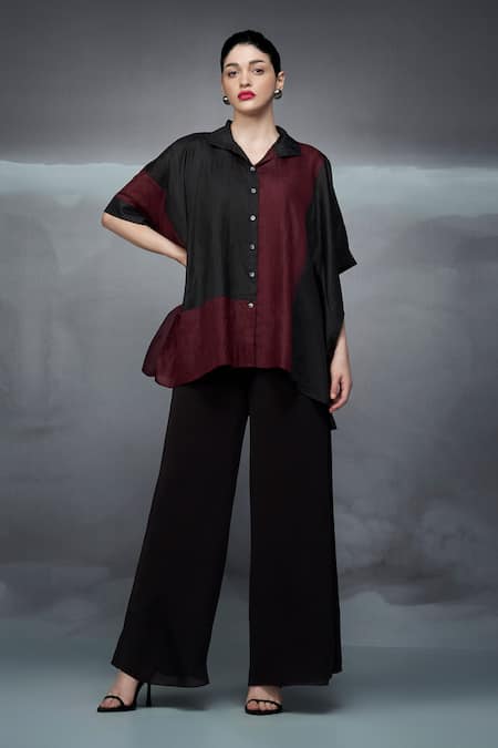 Nachiket Barve Black Shirt Silk Collared Color Blocked Poncho 