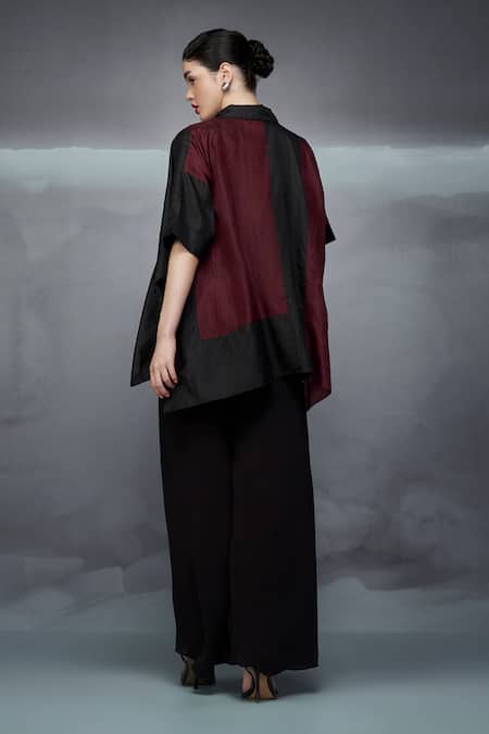Shop Nachiket Barve Black Silk, Crepe Collared Color Blocked Poncho Shirt at Aza Fashions Shop_Nachiket Barve_Black Silk, Crepe Collared Color Blocked Poncho Shirt _at_Aza_Fashions
