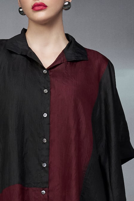 Nachiket Barve Black Silk, Crepe Collared Color Blocked Poncho Shirt Online at Aza Fashions Nachiket Barve_Black Silk, Crepe Collared Color Blocked Poncho Shirt _Online_at_Aza_Fashions