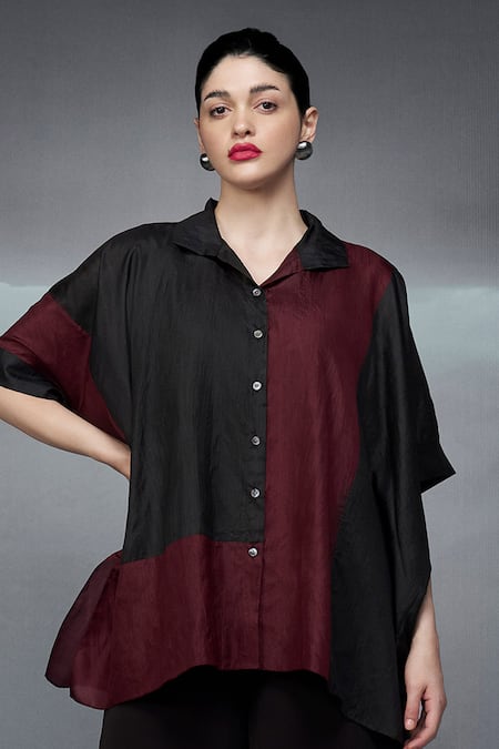 Buy Nachiket Barve Black Silk, Crepe Collared Color Blocked Poncho Shirt Online at Aza Fashions Buy_Nachiket Barve_Black Silk, Crepe Collared Color Blocked Poncho Shirt _Online_at_Aza_Fashions