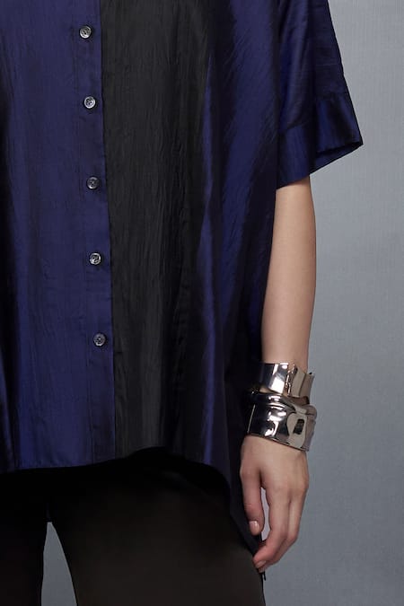 Nachiket Barve_Black Silk Collared Color Blocked Shirt _Online_at_Aza_Fashions