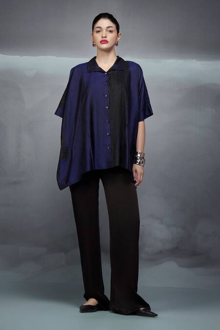 Buy_Nachiket Barve_Black Silk Collared Color Blocked Shirt _Online_at_Aza_Fashions