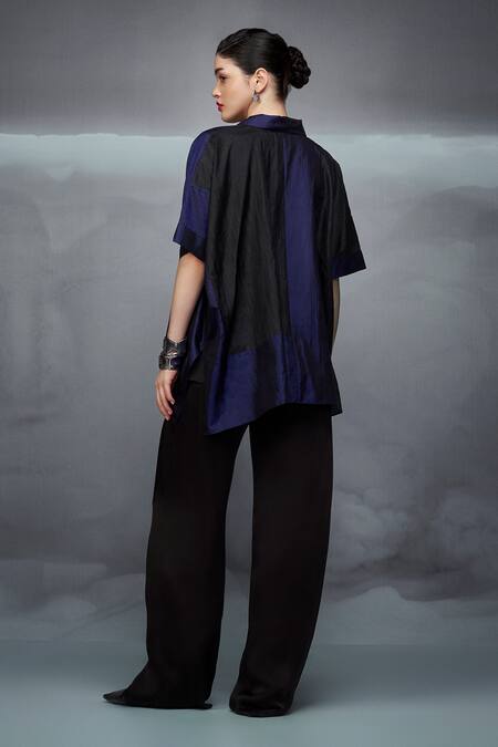 Shop Nachiket Barve Black Silk, Satin Collared Color Blocked Shirt Pant Set at Aza Fashions Shop_Nachiket Barve_Black Silk, Satin Collared Color Blocked Shirt Pant Set _at_Aza_Fashions