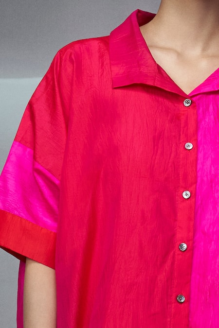 Nachiket Barve_Red Silk, Crepe Collared Color Block Crushed Shirt _Online_at_Aza_Fashions