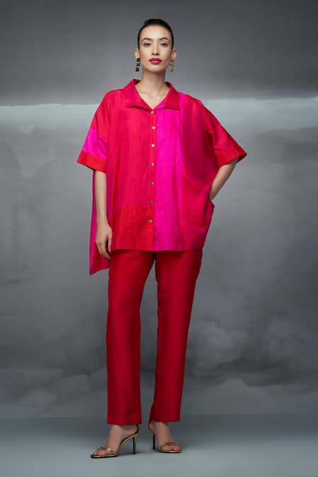 Buy_Nachiket Barve_Red Silk, Crepe Collared Color Block Crushed Shirt _Online_at_Aza_Fashions