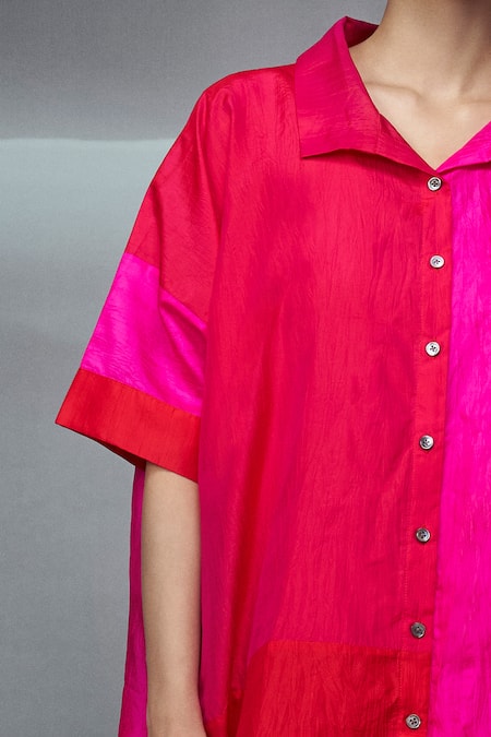 Nachiket Barve Red Silk Collared Color Blocked Poncho Shirt Pant Set Online at Aza Fashions Nachiket Barve_Red Silk Collared Color Blocked Poncho Shirt Pant Set _Online_at_Aza_Fashions