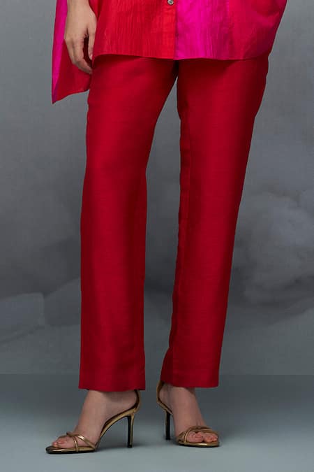 Buy Nachiket Barve Red Silk Collared Color Blocked Poncho Shirt Pant Set Online at Aza Fashions Buy_Nachiket Barve_Red Silk Collared Color Blocked Poncho Shirt Pant Set _Online_at_Aza_Fashions