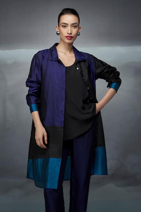 Nachiket Barve Black Tunic Silk Collared Color Blocked Button Down 