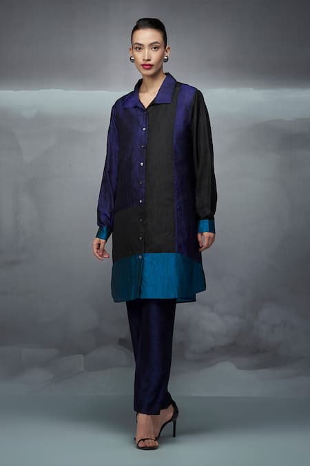 Nachiket Barve_Black Silk Collared Color Blocked Button Down Tunic _Online_at_Aza_Fashions