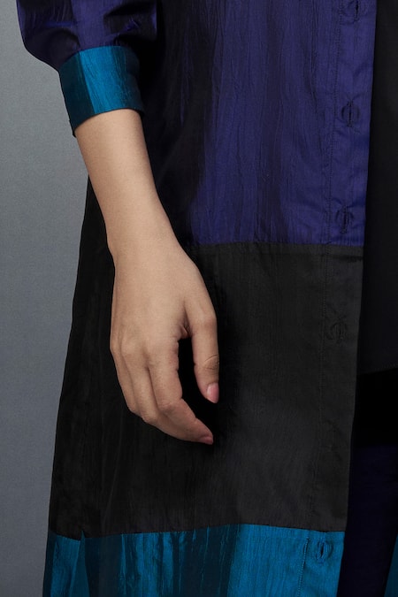 Buy_Nachiket Barve_Black Silk Collared Color Blocked Button Down Tunic _Online_at_Aza_Fashions