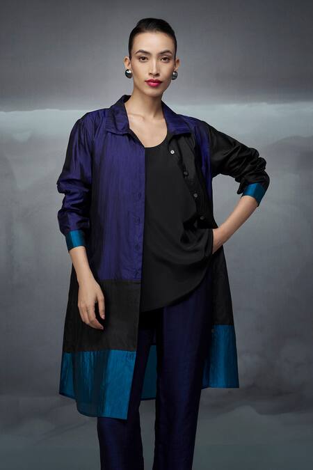 Shop_Nachiket Barve_Black Silk, Tussar Collared Color Blocked Tunic Pant Set _Online_at_Aza_Fashions