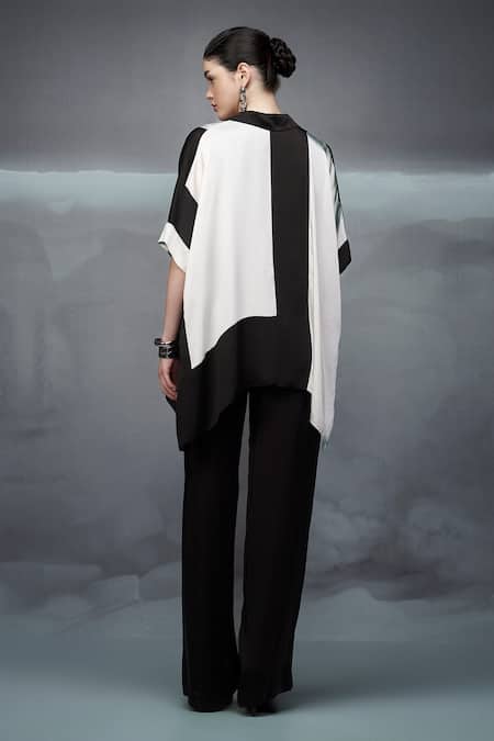 Shop Nachiket Barve Black Satin, Crepe Collared Color Blocked Shirt at Aza Fashions Shop_Nachiket Barve_Black Satin, Crepe Collared Color Blocked Shirt _at_Aza_Fashions