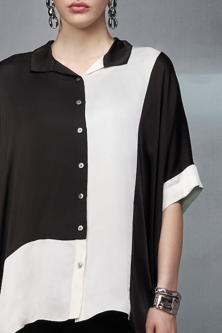 Nachiket Barve Black Satin Collared Color Blocked Shirt And Pant Set Online at Aza Fashions Nachiket Barve_Black Satin Collared Color Blocked Shirt And Pant Set _Online_at_Aza_Fashions