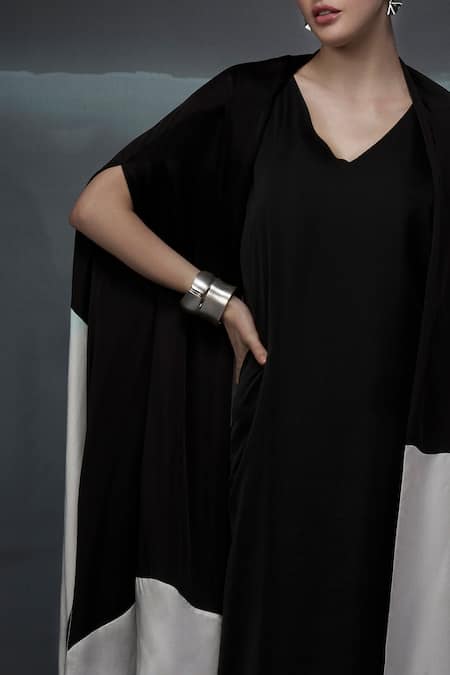 Nachiket Barve_Black Satin V-neck Solid Midi Dress With Color Blocked Jacket _Online_at_Aza_Fashions