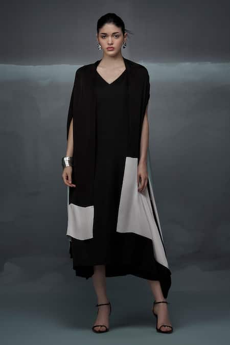 Buy_Nachiket Barve_Black Satin V-neck Solid Midi Dress With Color Blocked Jacket _Online_at_Aza_Fashions