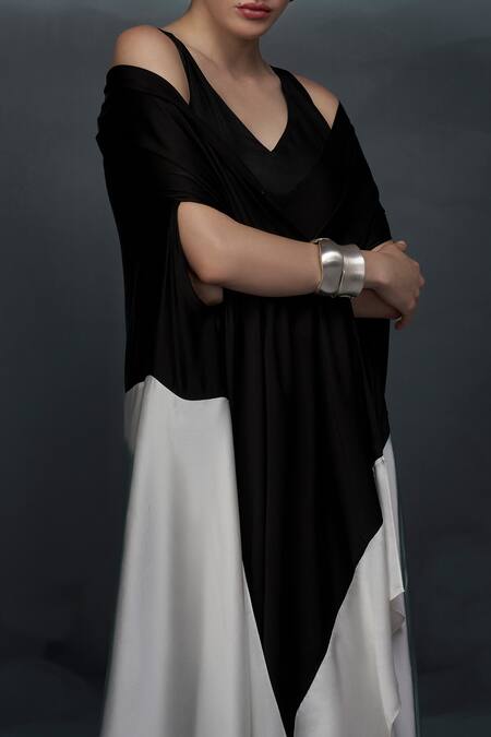 Shop_Nachiket Barve_Black Satin V-neck Solid Midi Dress With Color Blocked Jacket _Online_at_Aza_Fashions