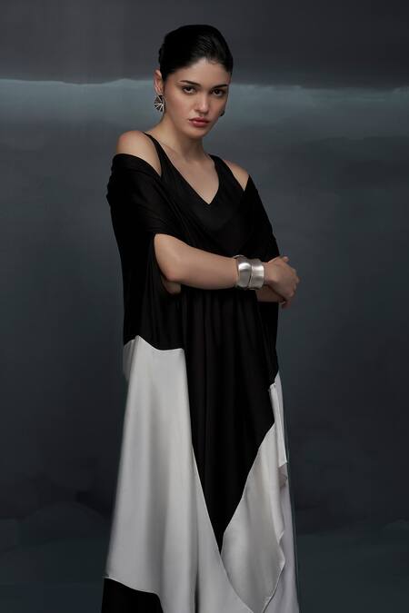 Nachiket Barve_Black Satin V-neck Solid Midi Dress With Color Blocked Jacket _at_Aza_Fashions