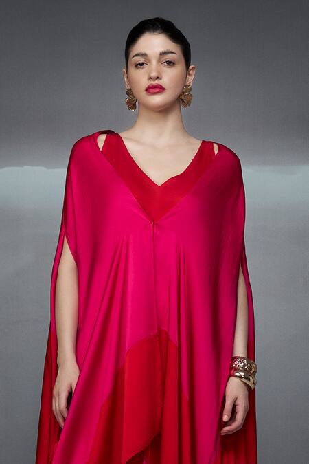 Nachiket Barve Red Satin V-neck Solid Dress With Color Blocked Cape Online at Aza Fashions Nachiket Barve_Red Satin V-neck Solid Dress With Color Blocked Cape _Online_at_Aza_Fashions