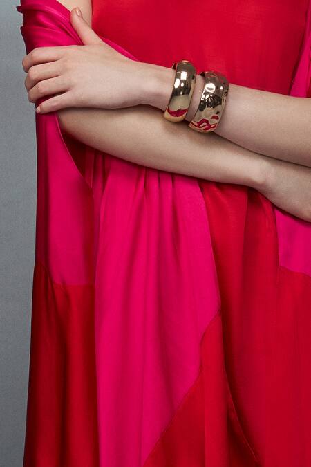 Buy Nachiket Barve Red Satin V-neck Solid Dress With Color Blocked Cape Online at Aza Fashions Buy_Nachiket Barve_Red Satin V-neck Solid Dress With Color Blocked Cape _Online_at_Aza_Fashions