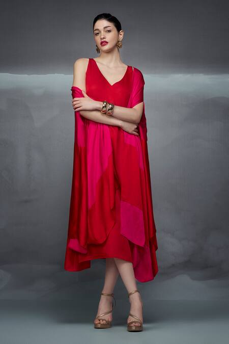 Shop Nachiket Barve Red Satin V-neck Solid Dress With Color Blocked Cape Online at Aza Fashions Shop_Nachiket Barve_Red Satin V-neck Solid Dress With Color Blocked Cape _Online_at_Aza_Fashions