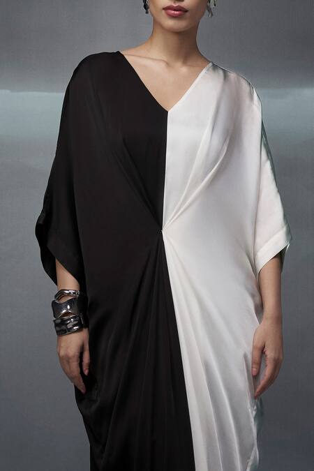 Nachiket Barve_Black Satin V-neck Color Blocked Pinched Gown _Online_at_Aza_Fashions