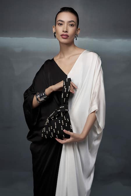 Buy_Nachiket Barve_Black Satin V-neck Color Blocked Pinched Gown _Online_at_Aza_Fashions