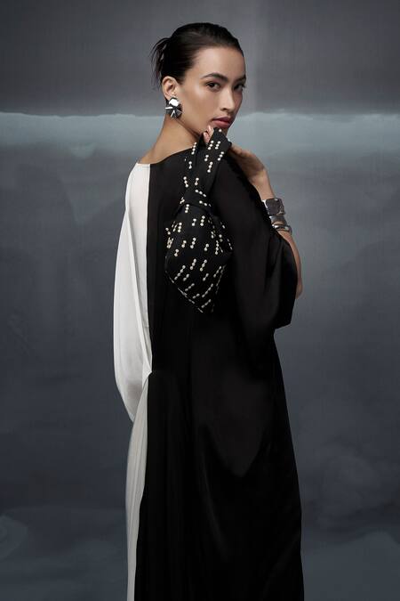 Shop_Nachiket Barve_Black Satin V-neck Color Blocked Pinched Gown _Online_at_Aza_Fashions