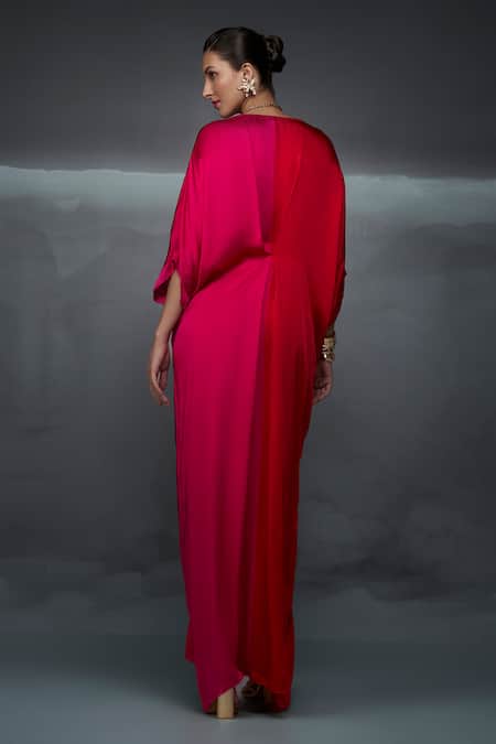 Shop_Nachiket Barve_Pink Satin V Neck Color Blocked Gown _at_Aza_Fashions