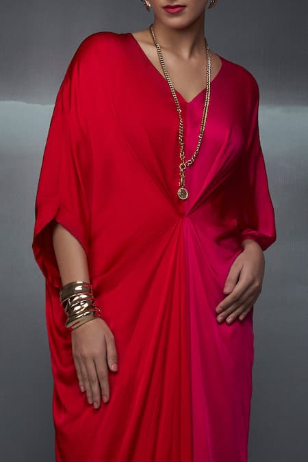 Nachiket Barve_Pink Satin V Neck Color Blocked Gown _Online_at_Aza_Fashions