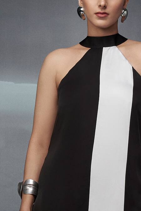 Nachiket Barve_Black Satin Halter Neck Color Block Pattern Dress _Online_at_Aza_Fashions