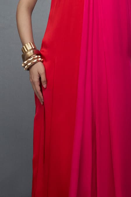 Nachiket Barve_Pink Satin Halter Neck Color Blocked Pleated Gown _Online_at_Aza_Fashions