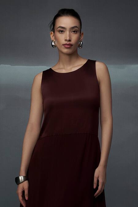 Nachiket Barve_Brown Georgette, Satin Round Neck Solid Asymmetric Hem Gown _Online_at_Aza_Fashions