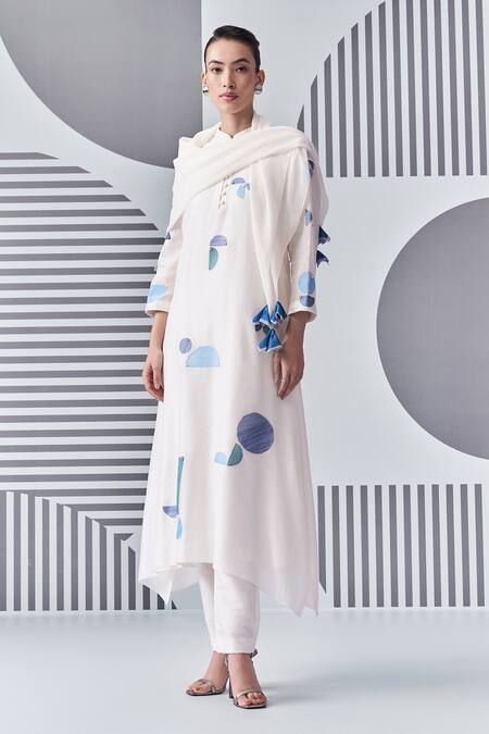 Shop_Nachiket Barve_Ivory Chanderi, Cotton Satin, Cotton, Silk Embroidery Trapezium Kurta Pant Set _Online_at_Aza_Fashions
