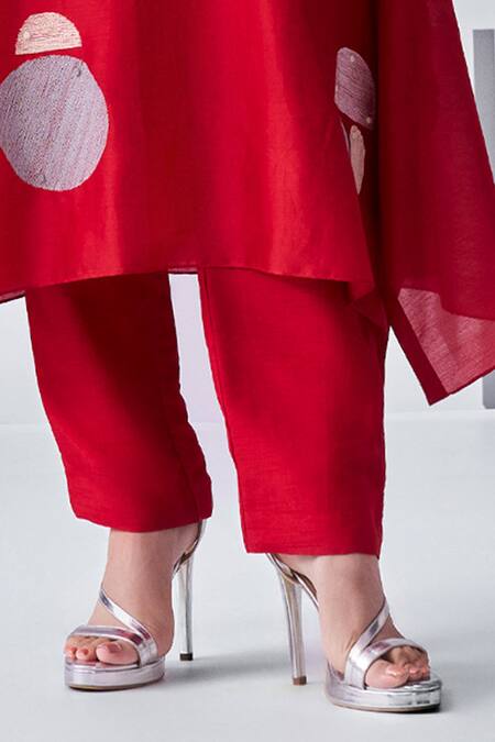 Buy_Nachiket Barve_Red Chanderi, Tussar Embroidery Mandarin Trapezium Thread Kurta And Pant Set _Online_at_Aza_Fashions