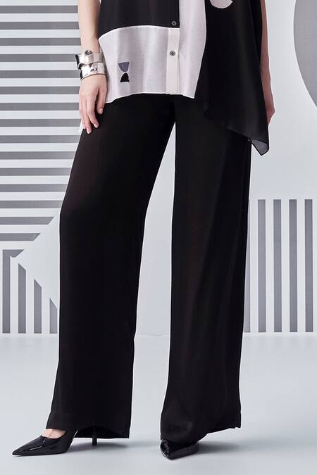 Buy_Nachiket Barve_Black Chanderi, Satin Embroidery Collared Colorblock Poncho Shirt And Pant Set _Online_at_Aza_Fashions