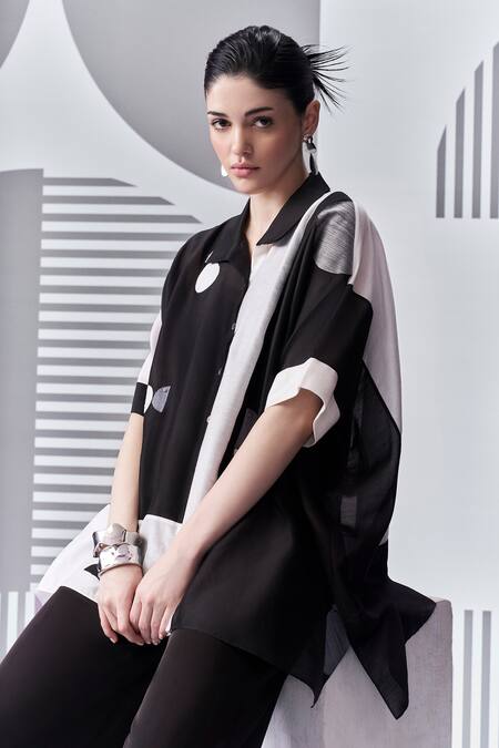 Shop_Nachiket Barve_Black Chanderi, Satin Embroidery Collared Colorblock Poncho Shirt And Pant Set _Online_at_Aza_Fashions